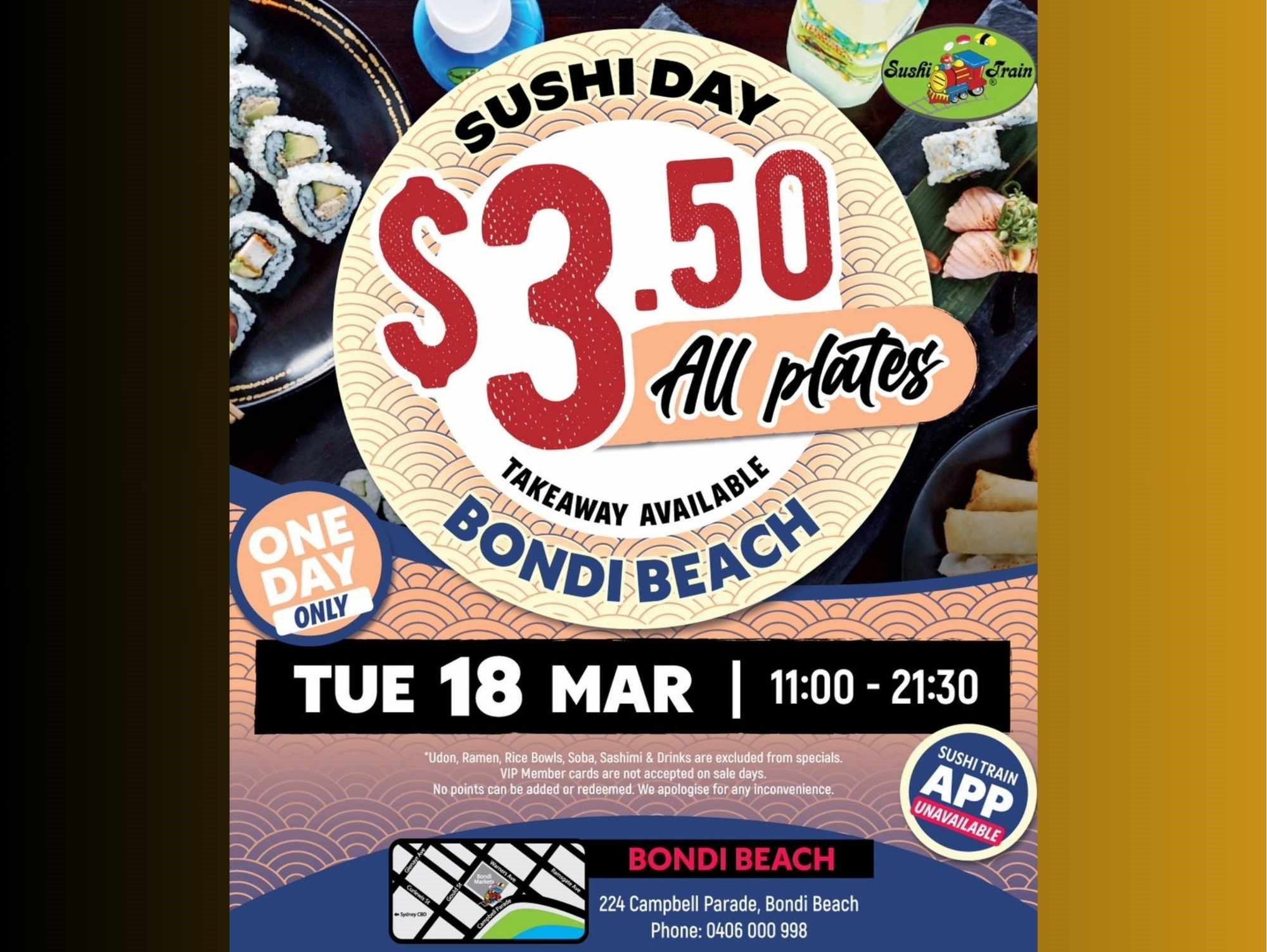 Special day during March 2025 where all sushi plates at Sushi Train Bondi Beach are $3.50 each