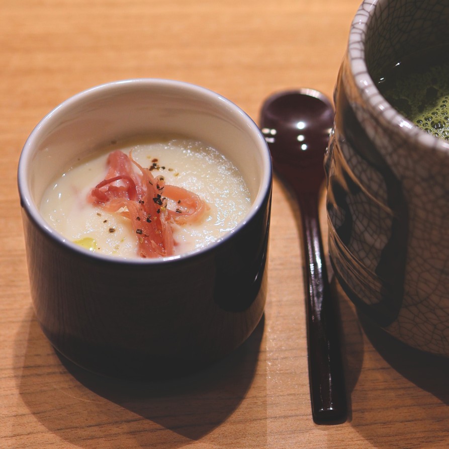 Camembert Chawanmushi with proscuitto appetiser